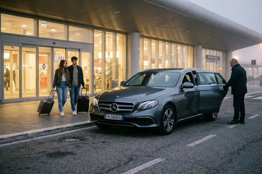 L'autista attende una coppia all'aeroporto di Bologna