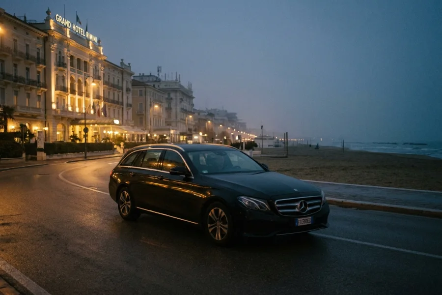 La Mercedes sul lungomare di Rimini all'ora blu