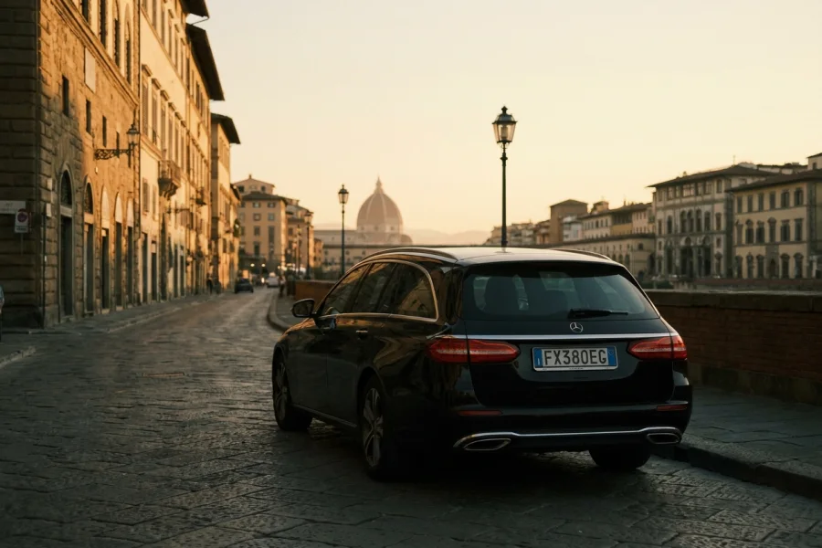 La station wagon sul lungarno nella luce della sera