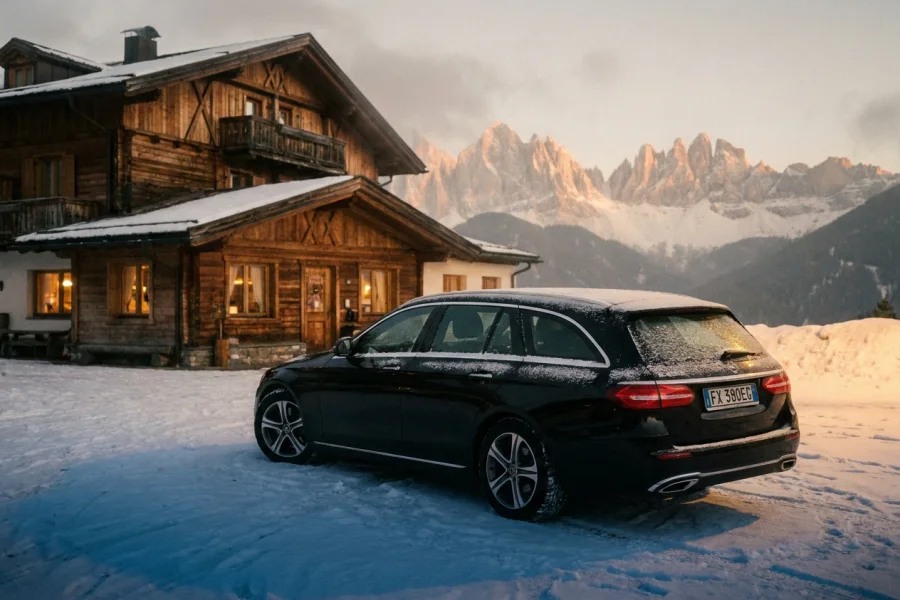 La Mercedes davanti all'hotel alpino